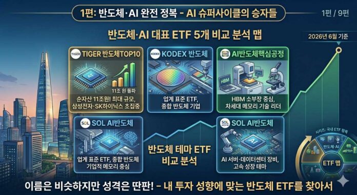 An infographic comparing 5 major Korean semiconductor and AI ETFs, highlighting TIGER Semiconductor TOP10 surpassing 11 trillion KRW in net assets as of June 2026.