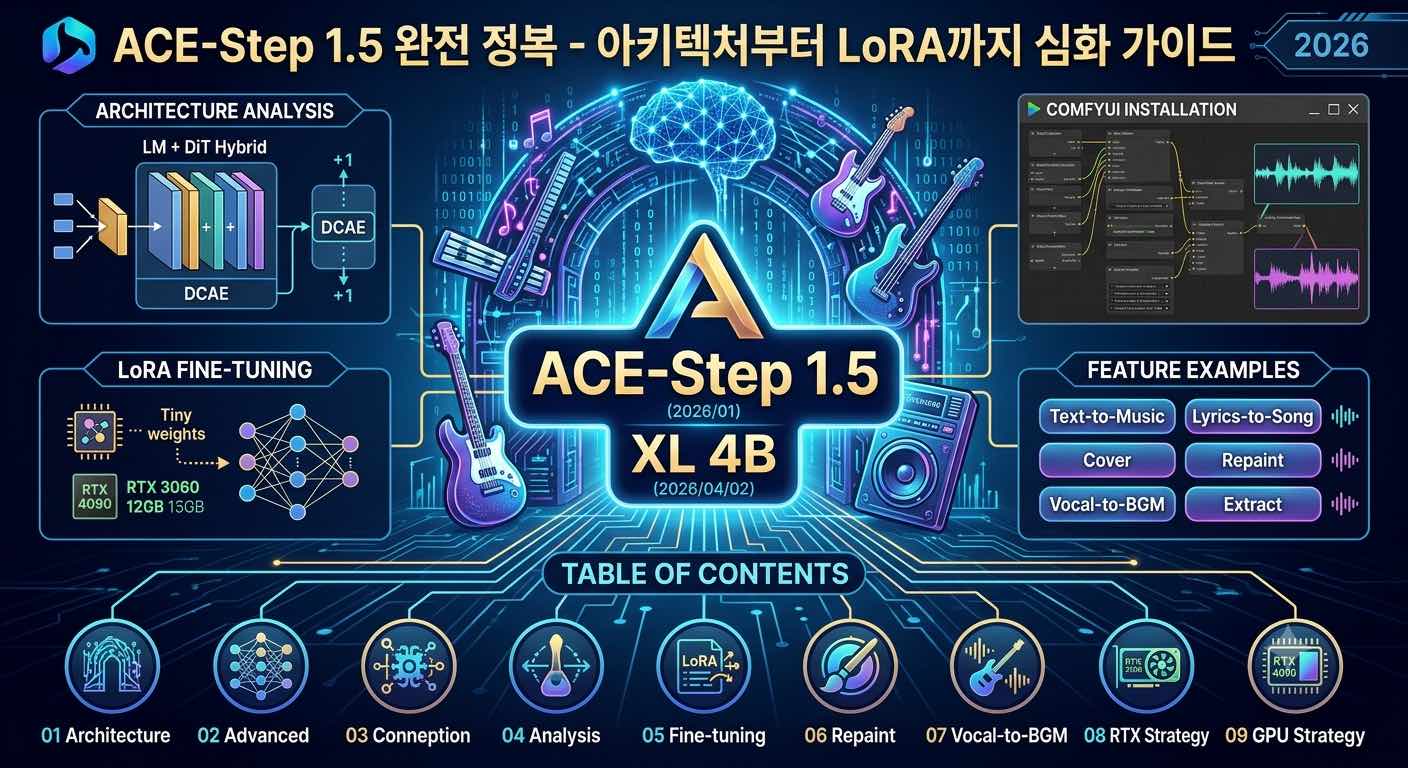 ACE-Step 1.5 LM+DiT 하이브리드 아키텍처와 ComfyUI 워크플로우 화면을 함께 보여주는 AI 음악 생성 가이드 대표 이미지