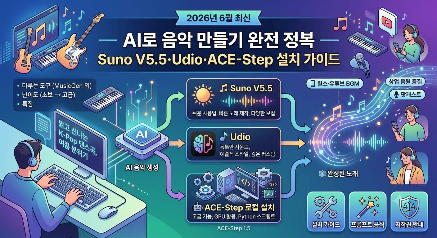 A futuristic and creative digital audio workstation interface representing AI music generation, featuring abstract sound waves, colorful musical notes, and symbols for Suno V5.5, Udio, and local ACE-Step 1.5 workflow.