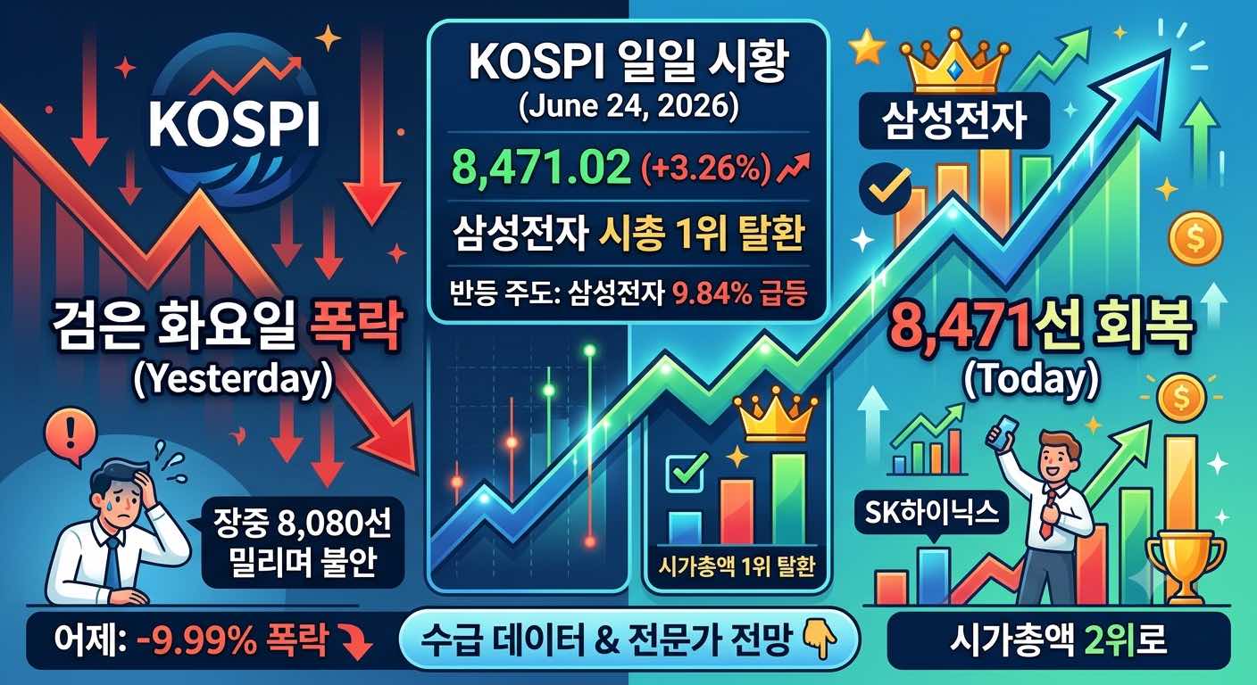 2026년 6월 24일 코스피가 전일 검은 화요일 폭락을 딛고 3.26% 반등해 8471선을 회복하고 삼성전자가 시가총액 1위를 재탈환했음을 보여주는 시황 그래프