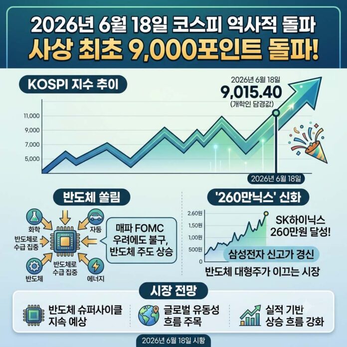 Stock market chart showing KOSPI breaking above the 9,000 mark for the first time in history with SK Hynix stock price surge.