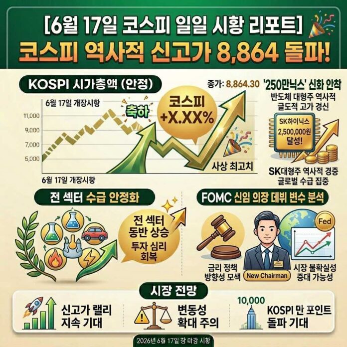 professional financial infographic showing a dramatic V-shaped recovery chart of the KOSPI index hitting an all-time high of 8,864.24, with a prominent SK Hynix logo indicating the milestone of 2,521,000 KRW on June 17, 2026.