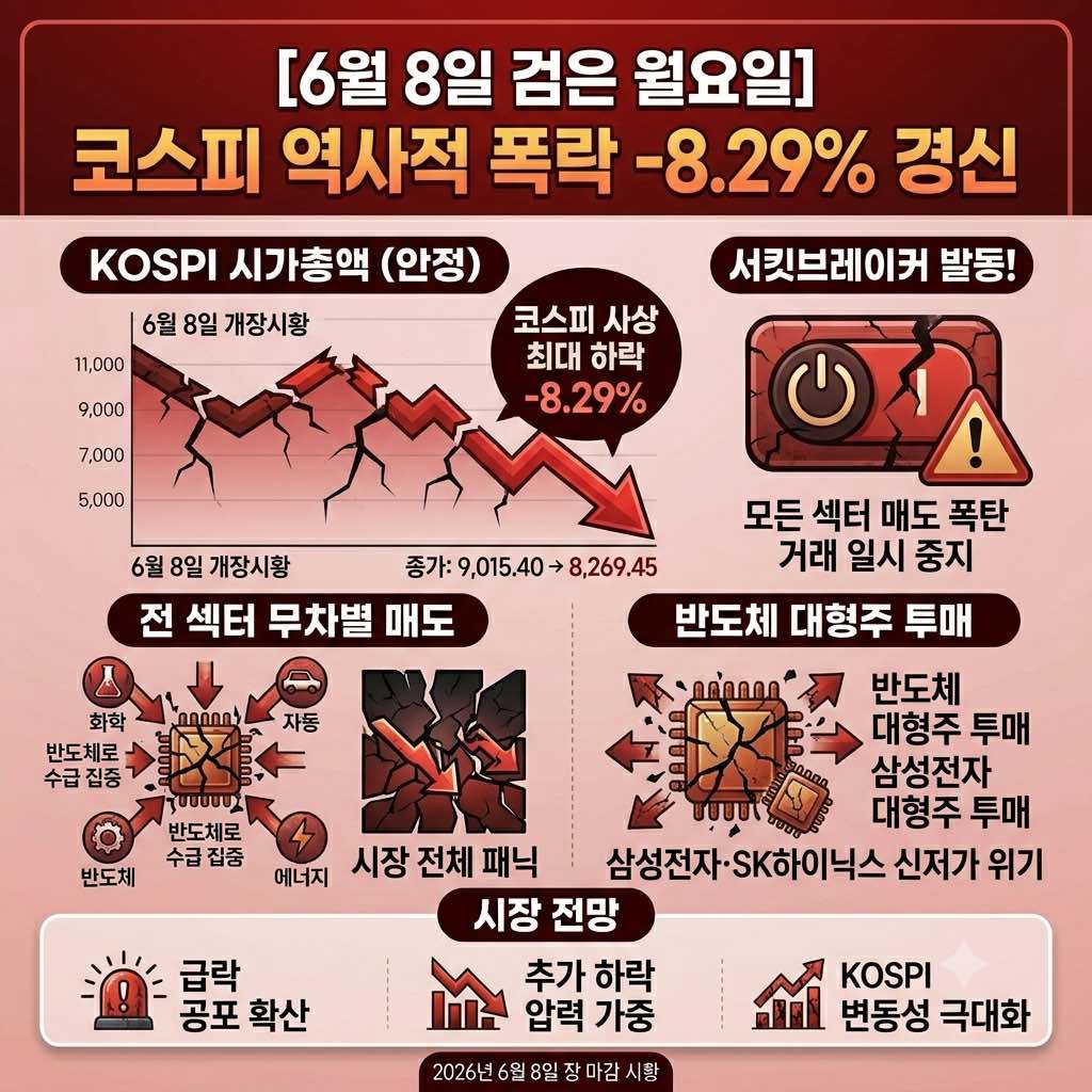 2026년 6월 8일 코스피 8.29% 급락하며 서킷브레이커가 발동된 검은 월요일 주식 시황 리포트 대표 요약 이미지