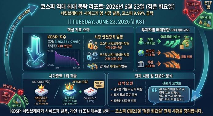 2026년 6월 23일 코스피 9.99퍼센트 역대 최대 폭락과 서킷브레이커 발동을 나타내는 주가 그래프