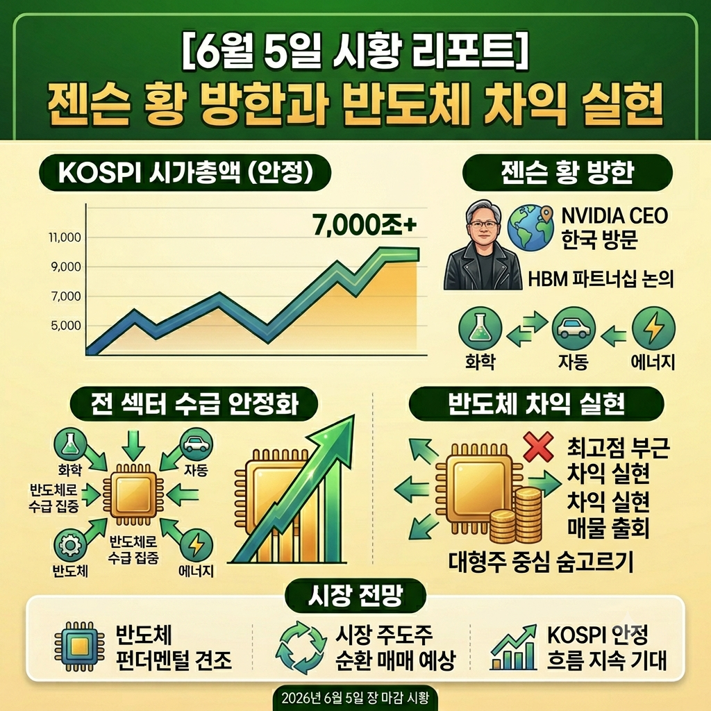 2026년 6월 5일 엔비디아 젠슨 황 CEO 방한과 코스피 반도체 차익 실현 및 AI 수혜주 랠리를 분석한 일일 주식 시황 리포트 대표 이미지