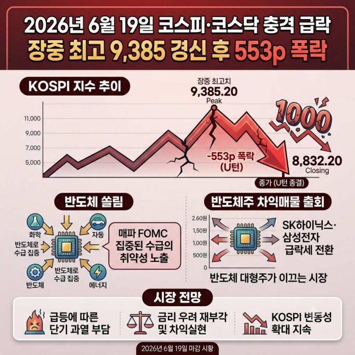 Infographic showing KOSPI extreme 553-point volatility on June 19, 2026, hitting an all-time high of 9,385.59 and closing at 9,052.42, with KOSDAQ collapsing below 1,000 points to 966.59.