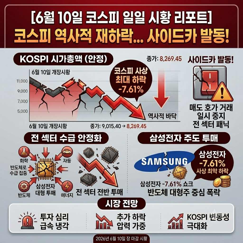 2026년 6월 10일 미국의 이란 보복 공습 속 매도 사이드카가 발동되며 삼성전자가 7.61% 급락한 코스피 재하락 시황 리포트 대표 이미지