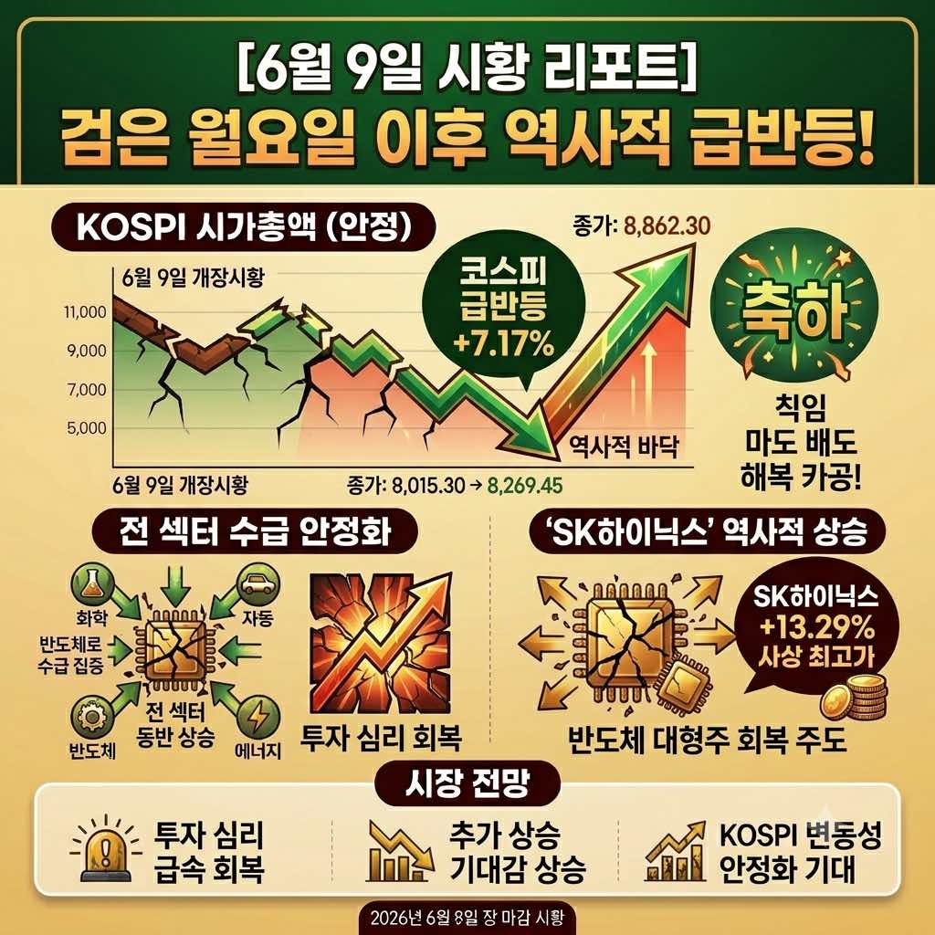 2026년 6월 9일 검은 월요일 폭락 이후 반발 매수세로 급반등한 코스피 시장과 SK하이닉스 상승 및 환율 안정을 요약한 일일 시황 리포트 대표 이미지