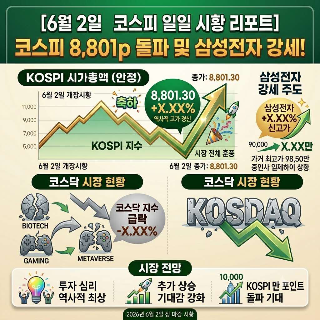 A digital financial trading interface displaying the KOSPI index at 8,801 points with a positive growth chart of Samsung Electronics.