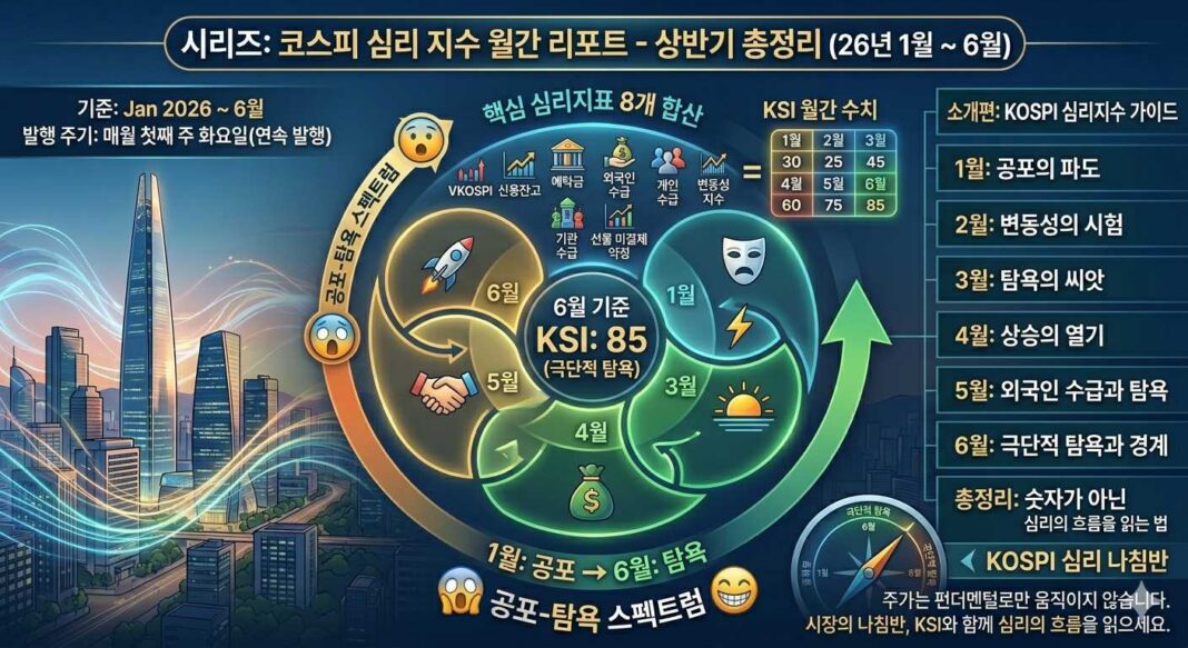 공포와 탐욕 스펙트럼 계기판과 코스피 주가 변동 추이 차트가 결합된 금융 데이터 분석 인포그래픽