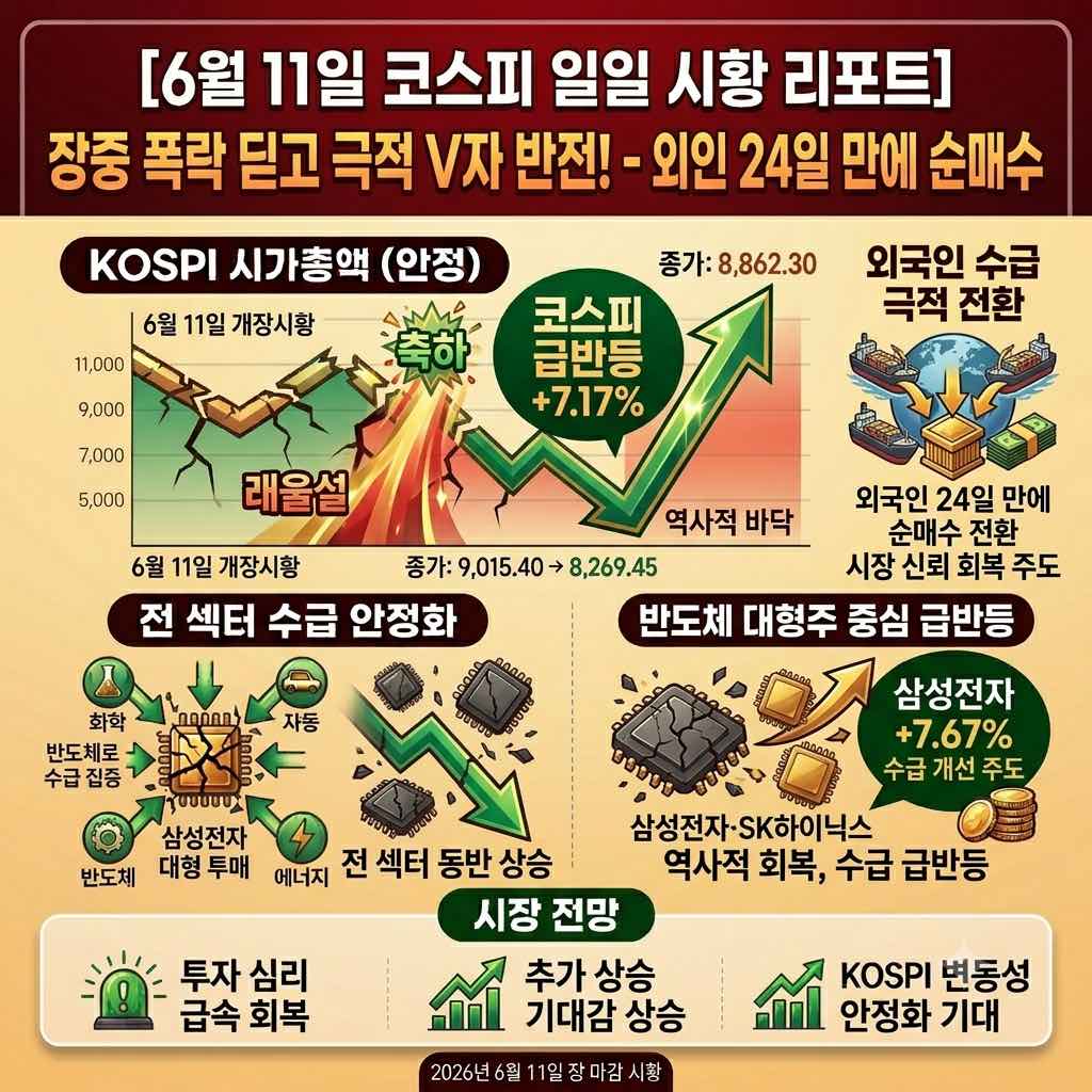 2026년 6월 11일 미국의 이란 2차 공습 폭락을 극복하고 외국인 순매수 전환으로 V자 반등에 성공한 코스피 및 SK하이닉스 시황 리포트 대표 이미지