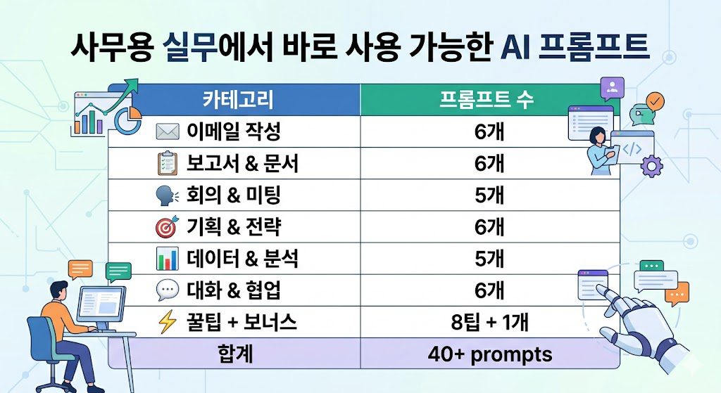 office-ai-prompts-efficiency-guide 사무용 실무 AI 프롬프트 40개 카테고리(이메일, 보고서, 미팅, 기획, 데이터 분석, 협업) 총정리 가이드 대표 이미지