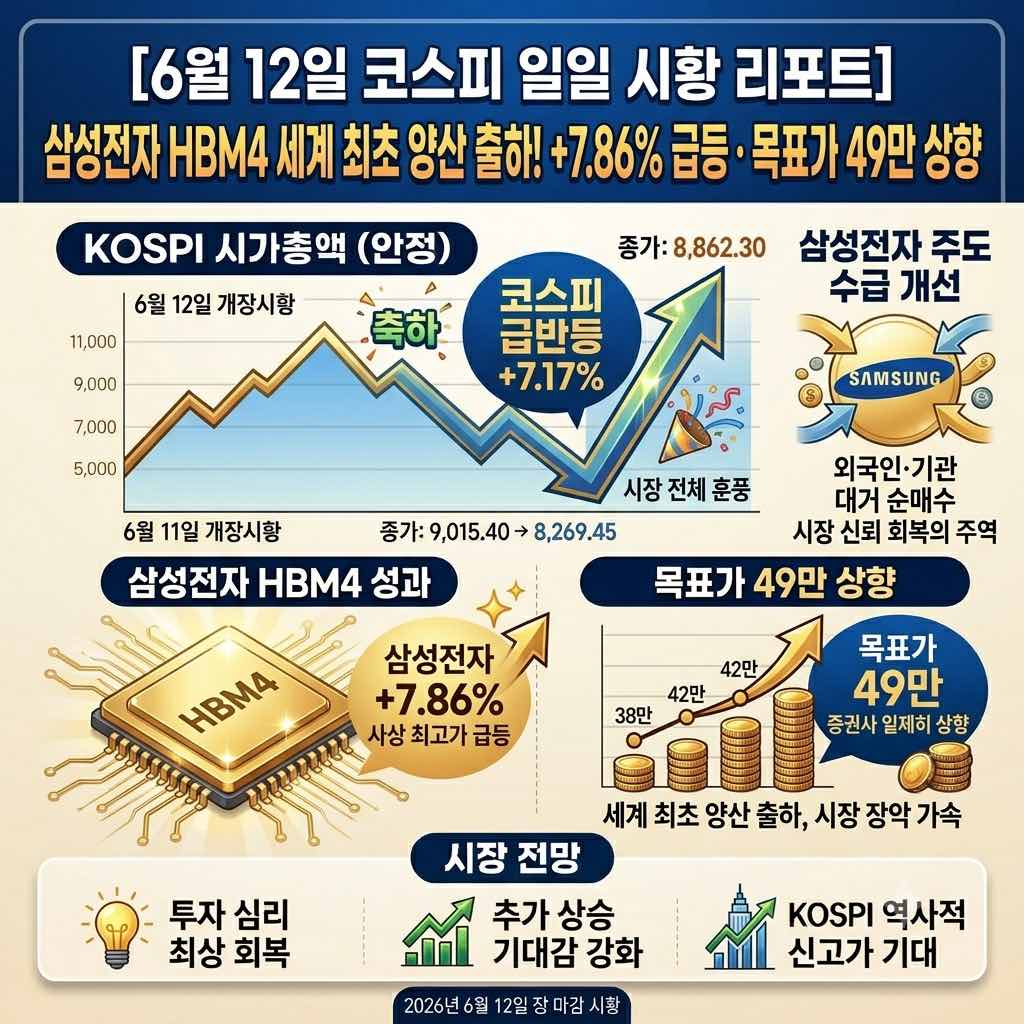2026년 6월 12일 삼성전자의 세계 최초 HBM4 양산 출하 공식 발표와 7.86% 급등 및 주간 V자 반전 마감을 분석한 주식 시황 리포트 대표 이미지` * **제목 (Title):** `samsung-hbm4-market-rebound-20260612