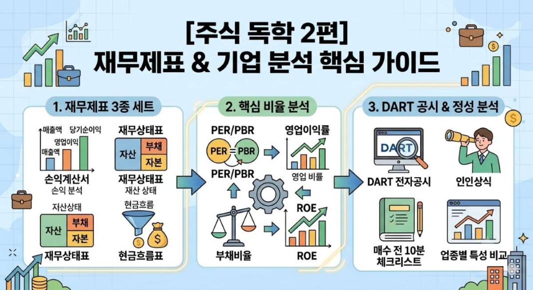 주식 독학 2편 재무제표 및 기업 분석 핵심 가이드 썸네일 이미지. 손익계산서, 재무상태표, 현금흐름표로 구성된 재무제표 3종 세트 개념과 PER, PBR, 부채비율, ROE 등 핵심 비율 분석, 그리고 DART 전자공시 및 업종별 특성 비교 인포그래픽 포함.