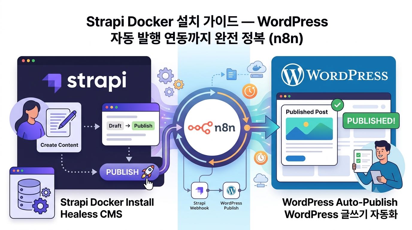 Strapi 헤드리스 CMS와 WordPress를 n8n으로 연동해 자동 발행하는 아키텍처 다이어그램