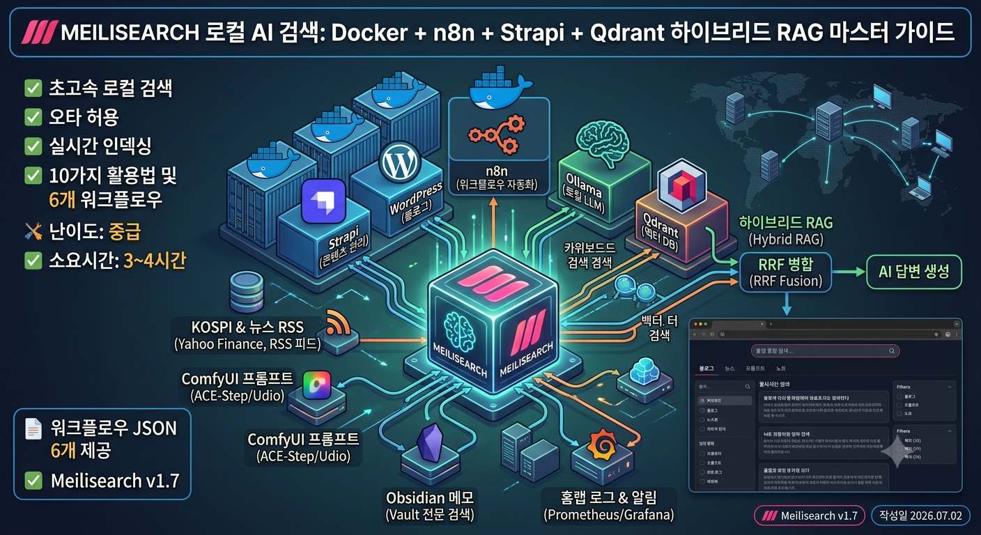 Meilisearch, Qdrant, Ollama, Strapi, n8n이 연결된 홈랩 하이브리드 RAG 검색 허브 아키텍처 구조도